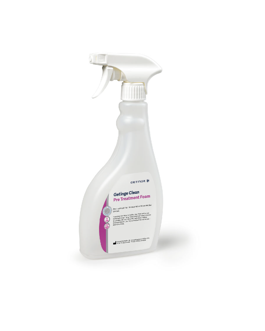 Getinge Clean Pre-treatment Foam Spray is a water based, pH neutral foam with surfactants and corrosion inhibitors that prevent drying of surgical soils before washing and cleaning.